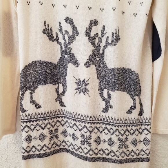 Forever 21 Sweater Large Reindeer Elbow Patches Navy Cream Nordic Holiday - Picture 7 of 13